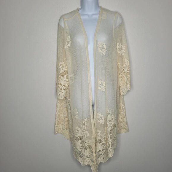 Daytrip Tops - Daytrip cream open knit embroidered festival boho open front kimono cardigan med